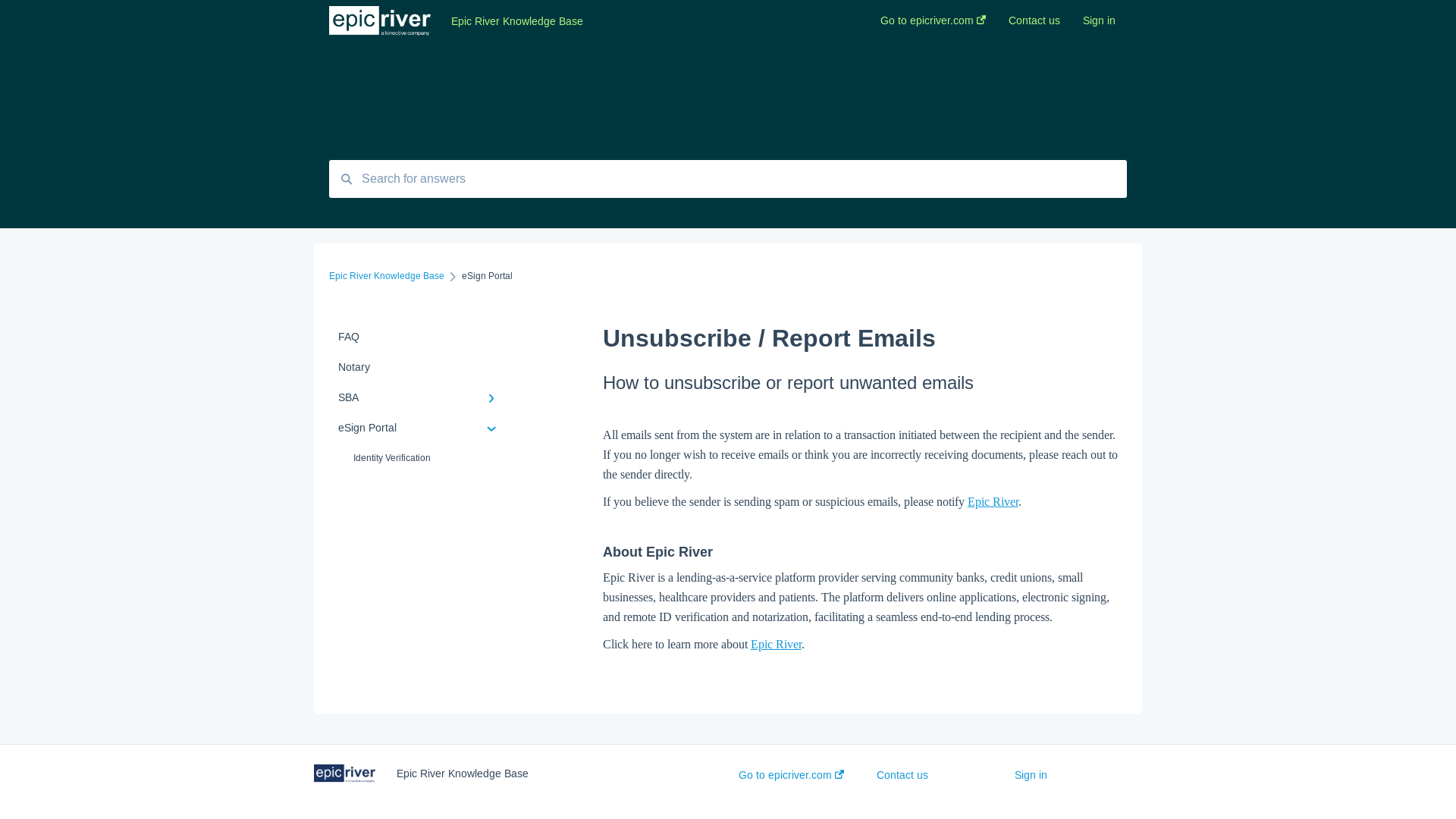 website screenshot of https://knowledge.epicriver.com/knowledge/unsubscribe-report-emails