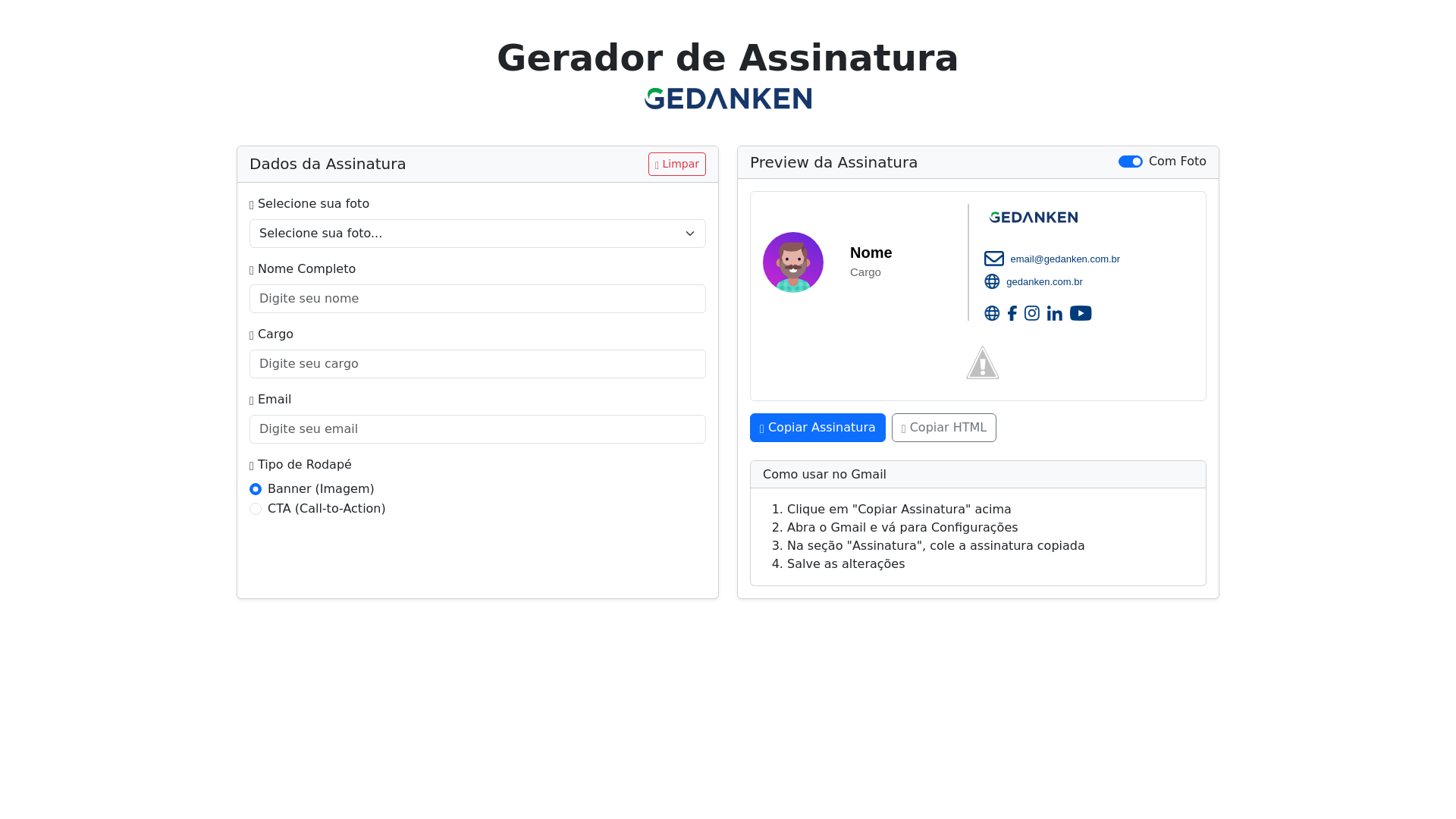 website screenshot of https://gedanken-gerador-de-assinatura.pages.dev/