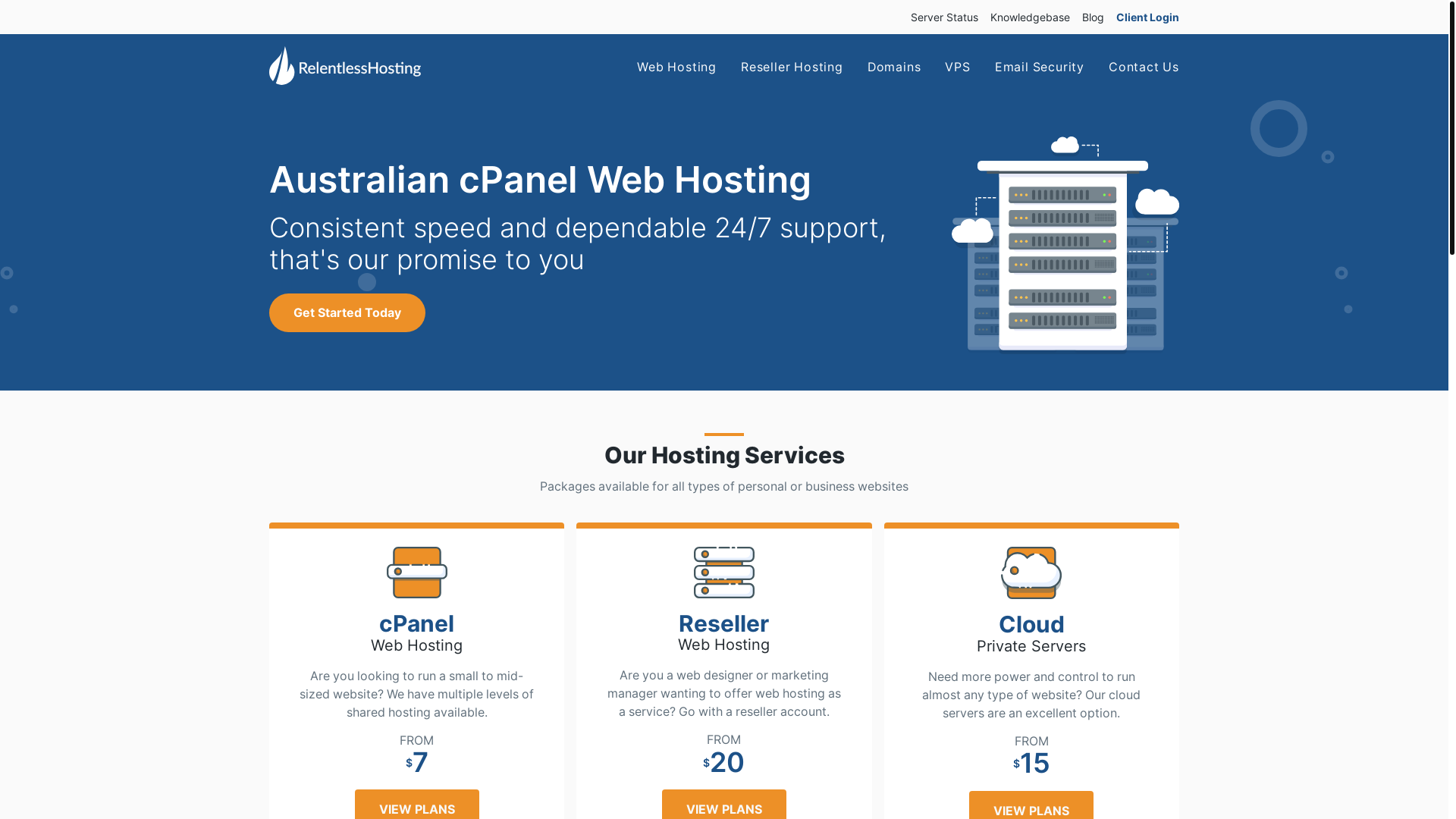 website screenshot of https://relentlesshosting.com.au/
