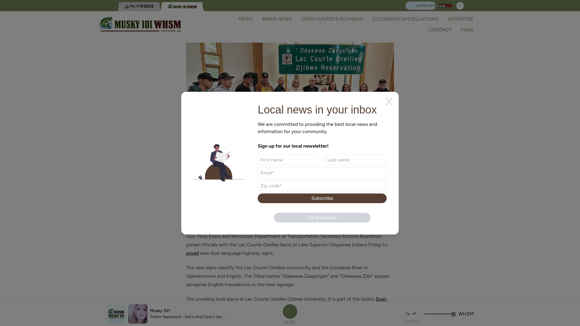 website screenshot of https://whsm.com/news/2026/05/02/lac-courte-oreilles-unveils-new-dual-language-highway-signs
