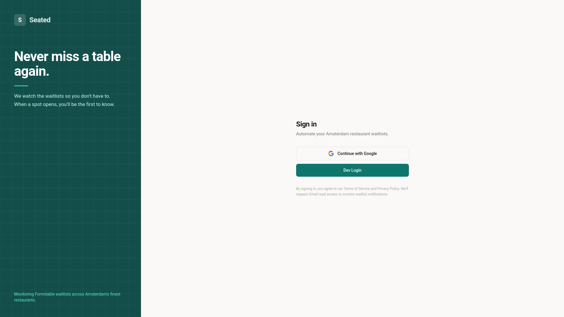 website screenshot of https://seated.food/