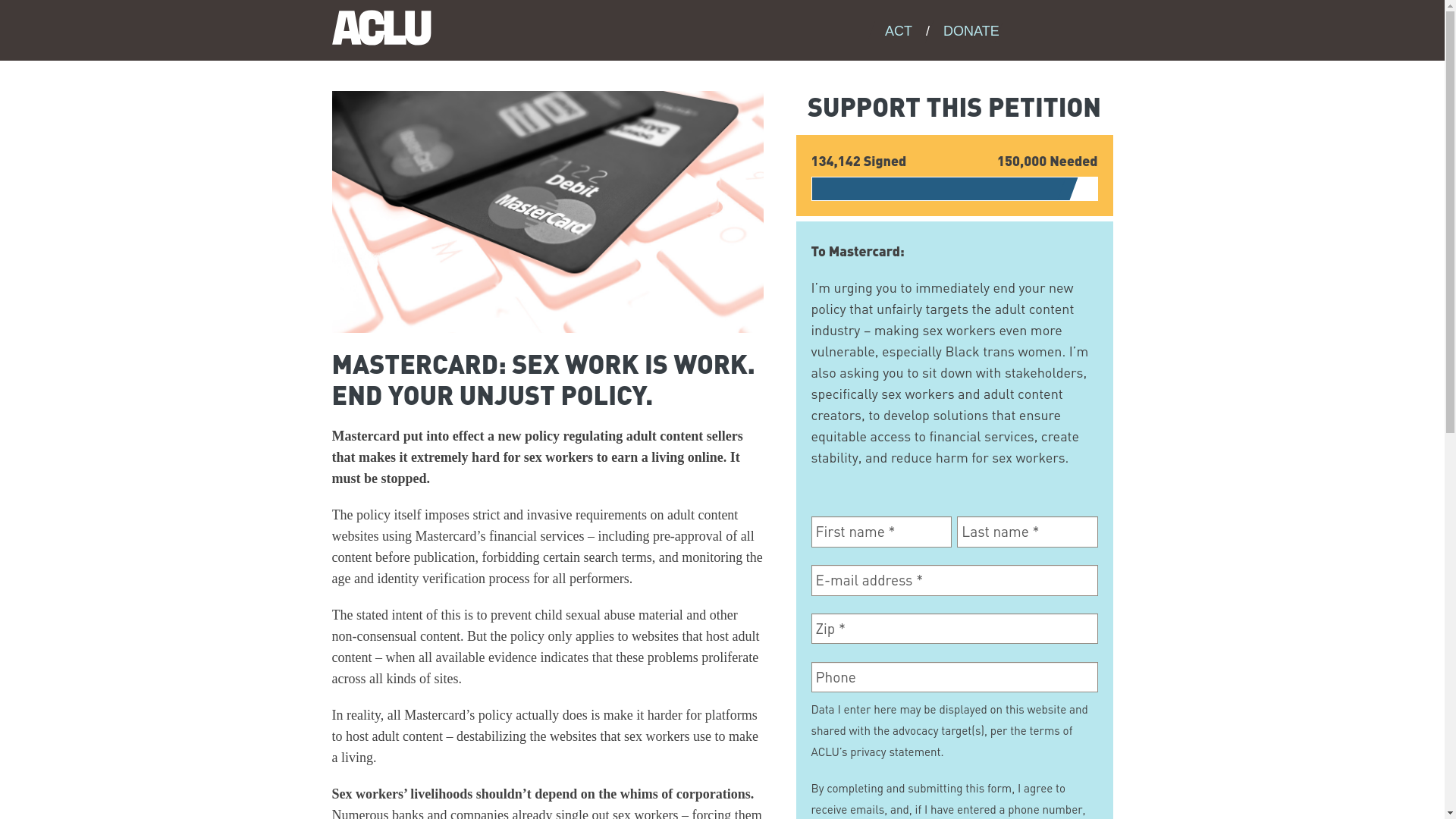 website screenshot of https://action.aclu.org/petition/mastercard-sex-work-work-end-your-unjust-policy