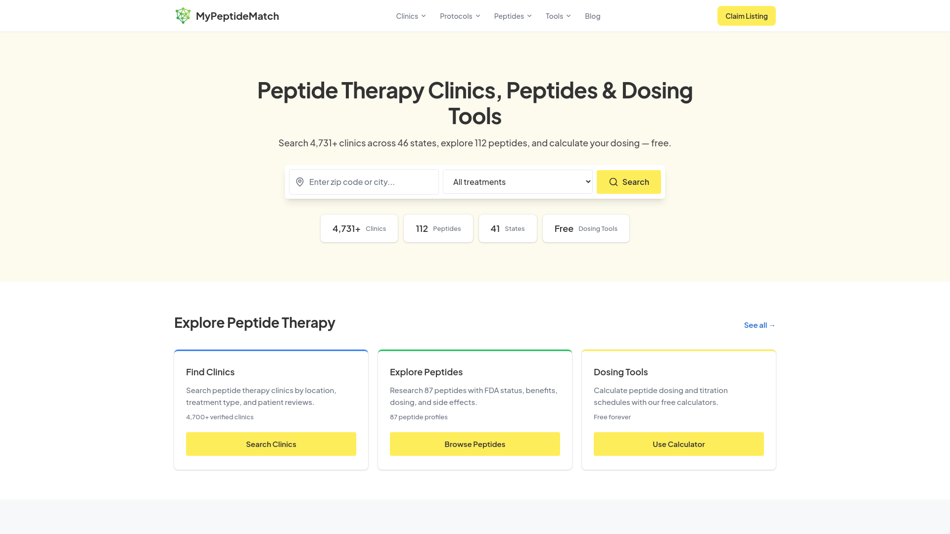 website screenshot of https://peptidecliniclocator.com/