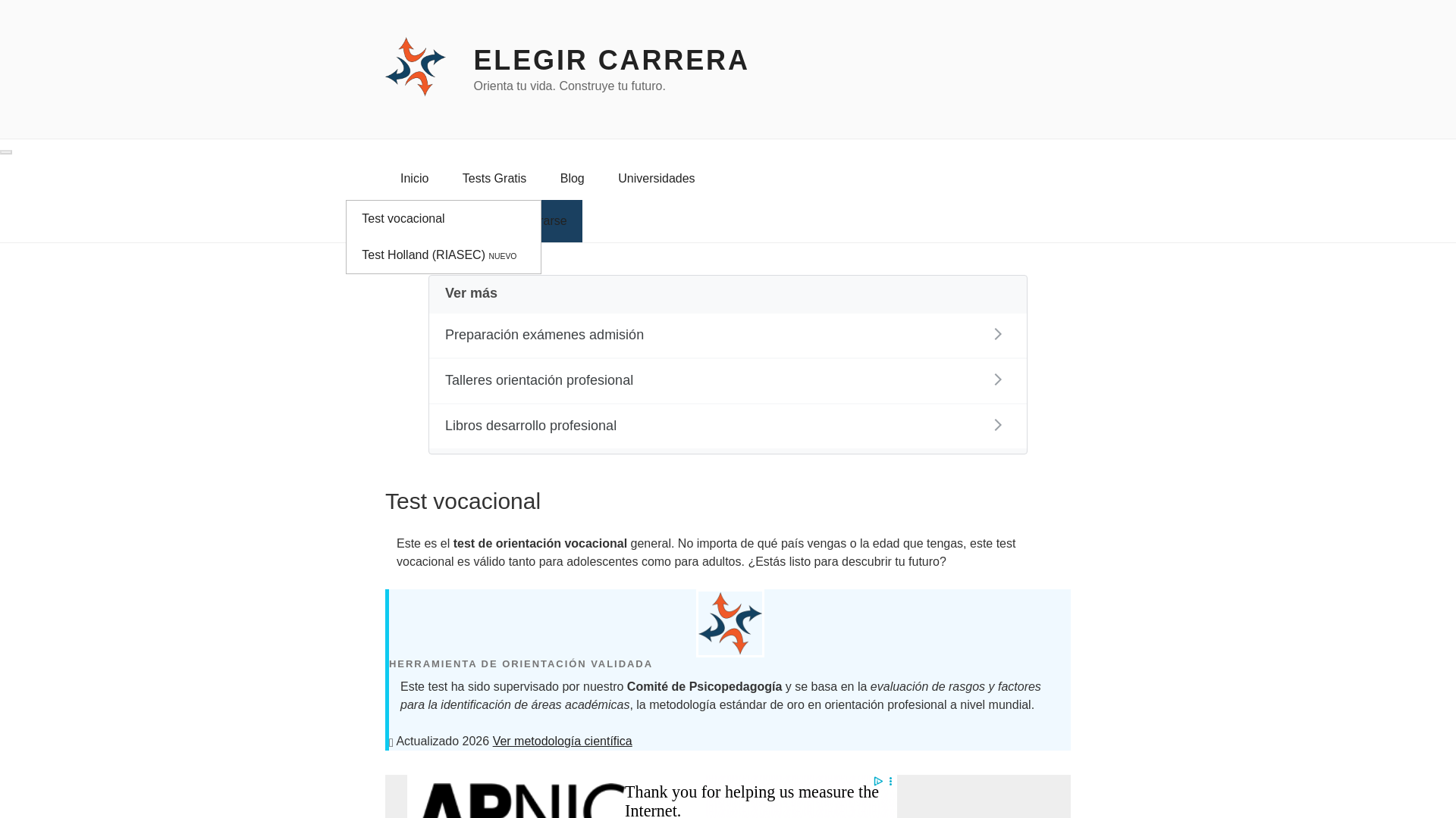 website screenshot of https://www.elegircarrera.net/test-vocacional/