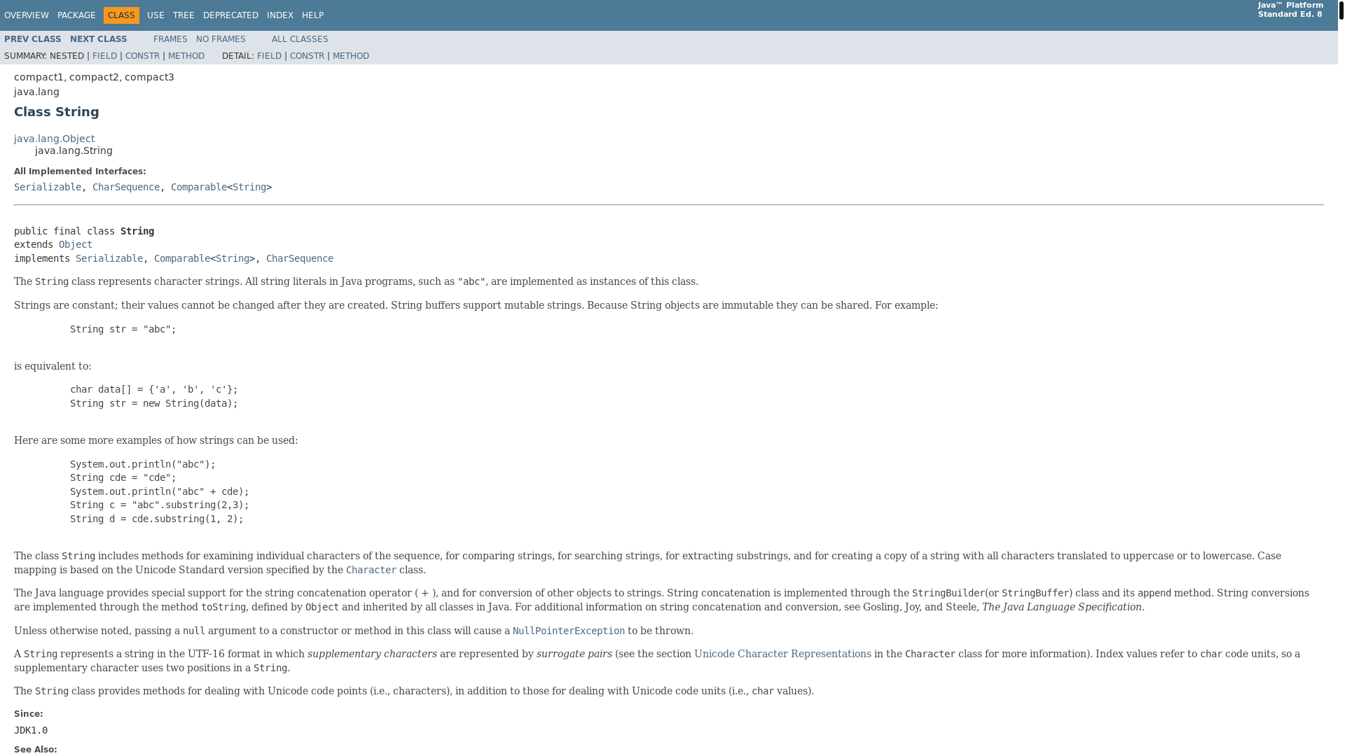 website screenshot of https://docs.oracle.com/javase/8/docs/api/java/lang/String.html