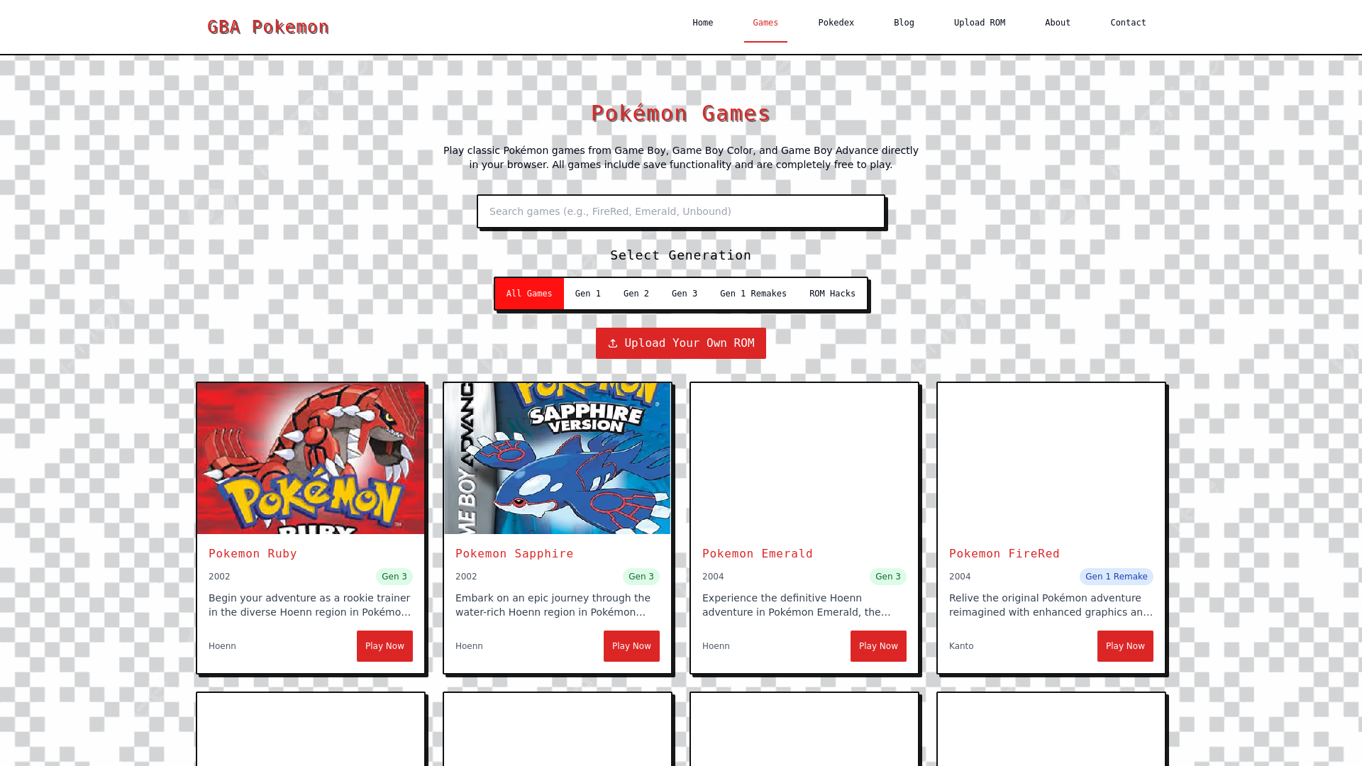 website screenshot of https://gbapokemon.com/games