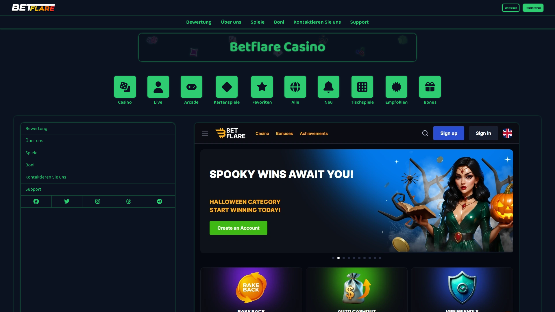 website screenshot of https://casinobetflare.de/