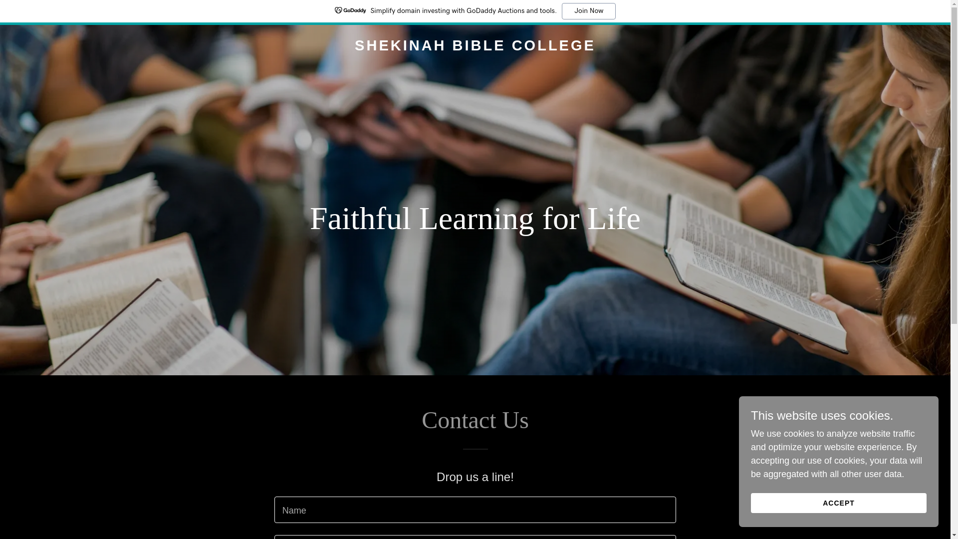 website screenshot of https://shekinahbiblecollege.education/