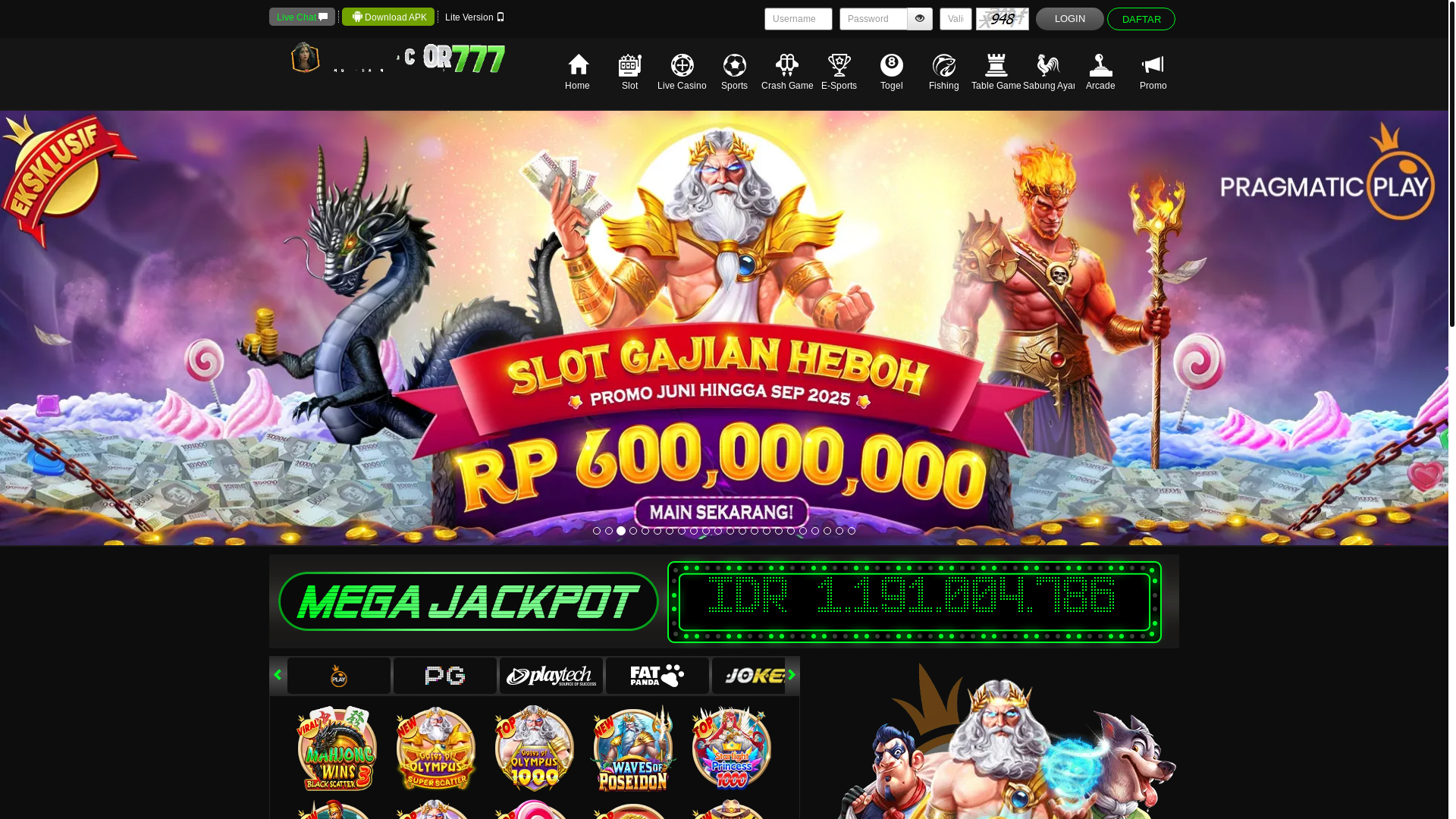 website screenshot of https://ratugacor777live.com/
