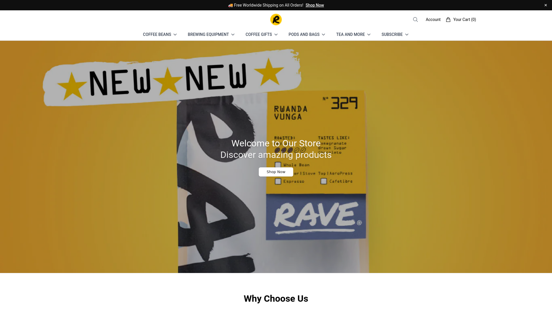 website screenshot of https://ravecoffeestore.shop/