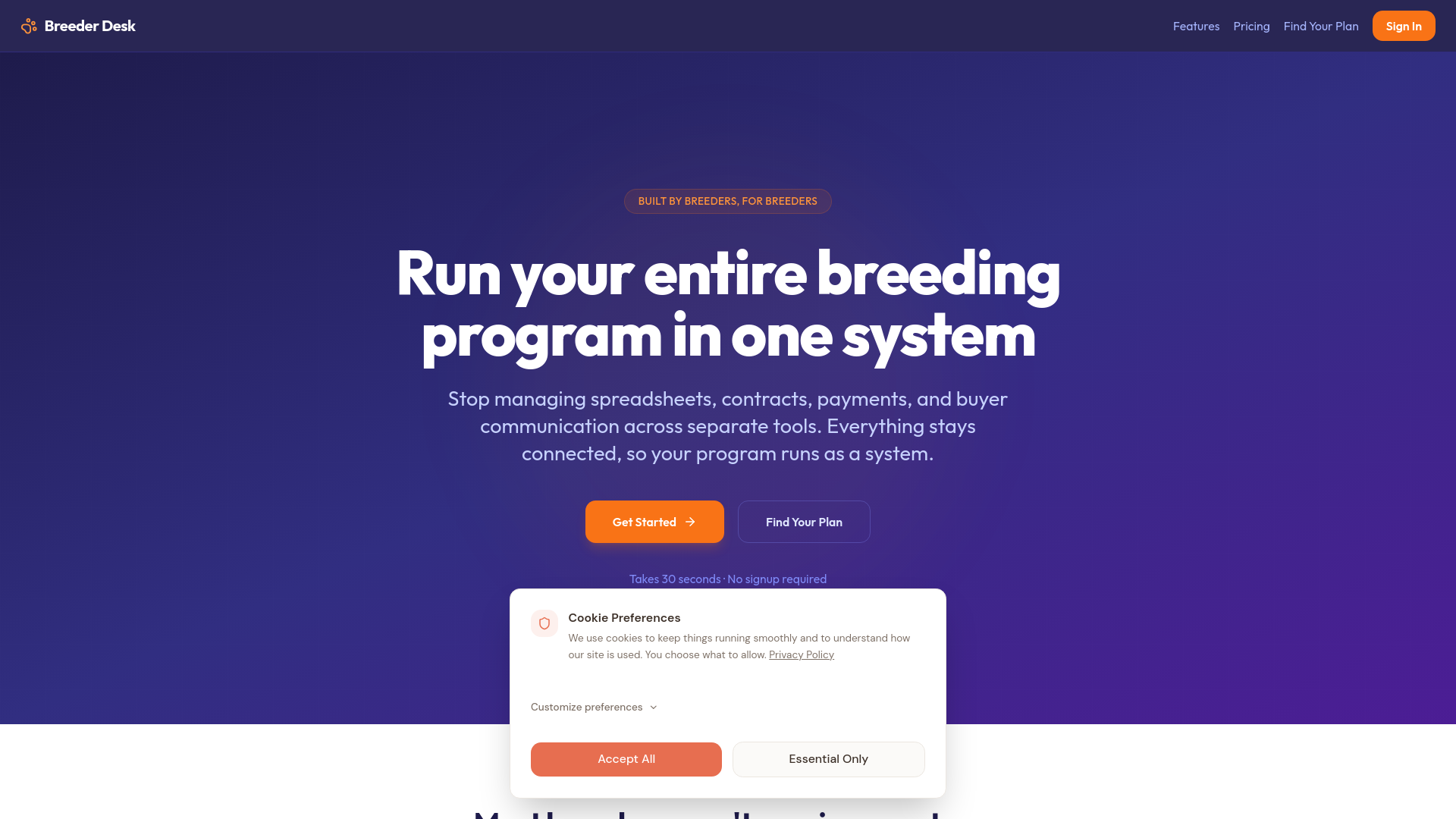 website screenshot of https://breederdesk.com