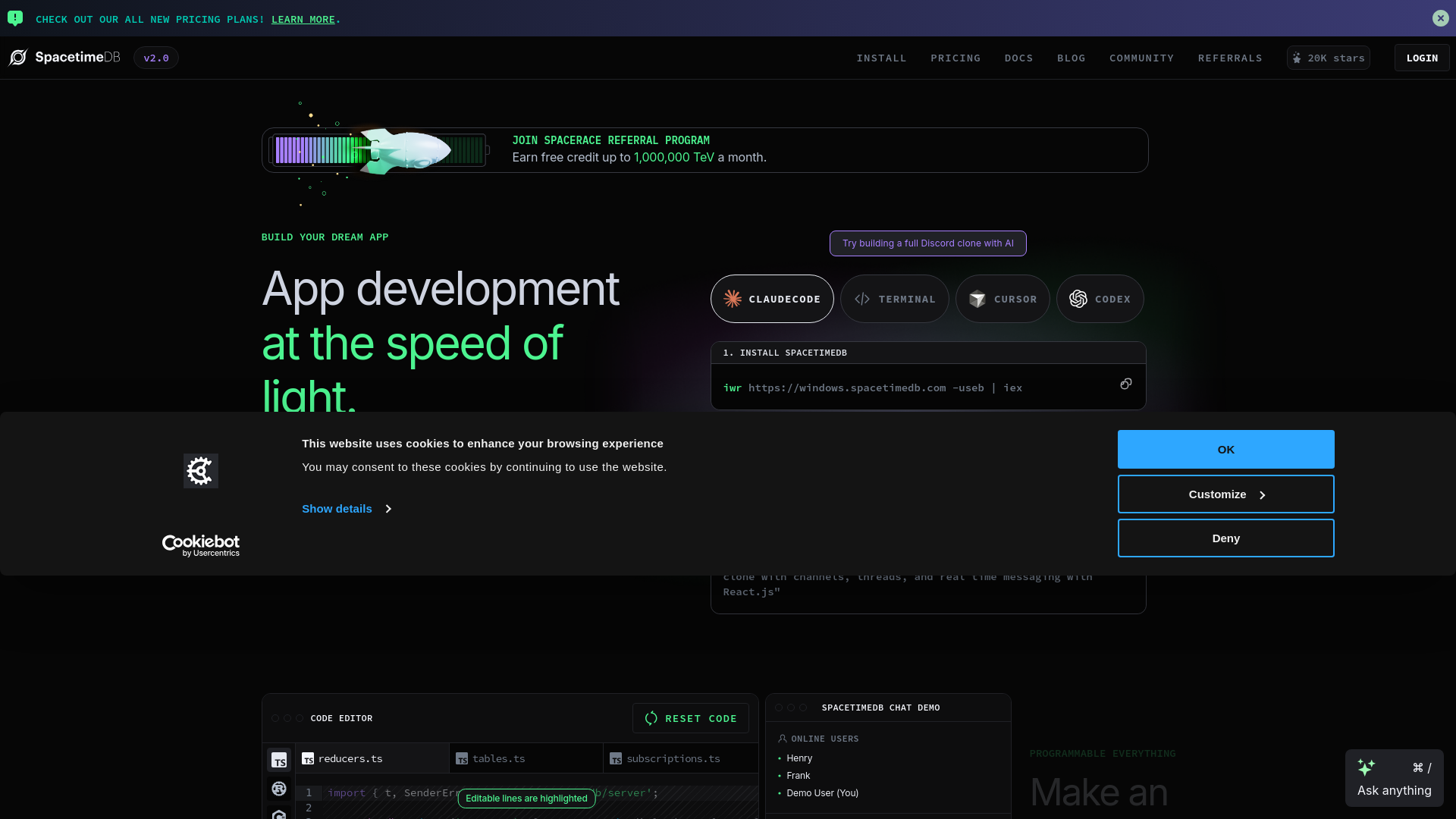 website screenshot of https://spacetimedb.com/