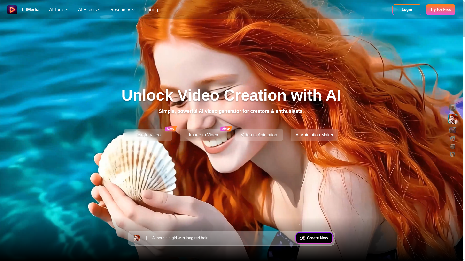 website screenshot of https://www.litmedia.ai/ai-video-generator/