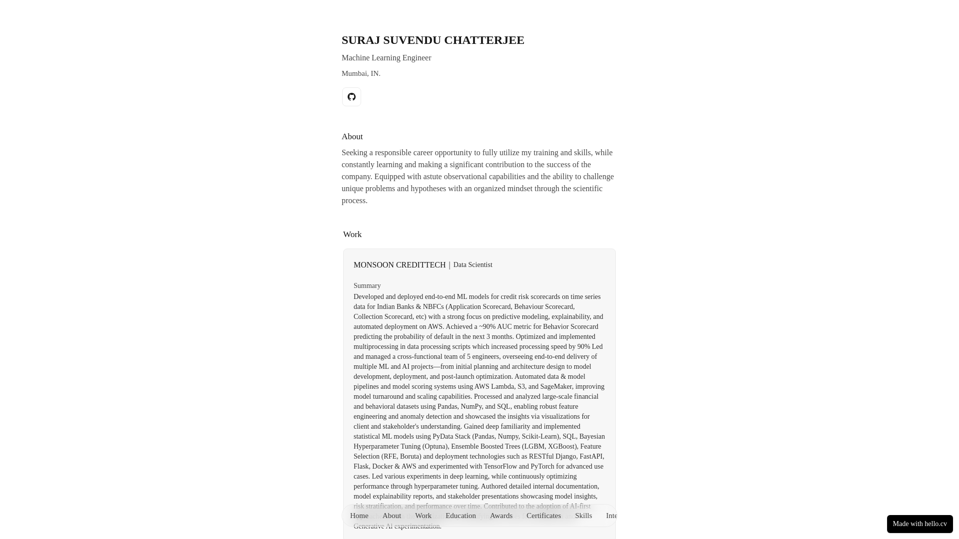 website screenshot of https://surajchatterjee.cv/