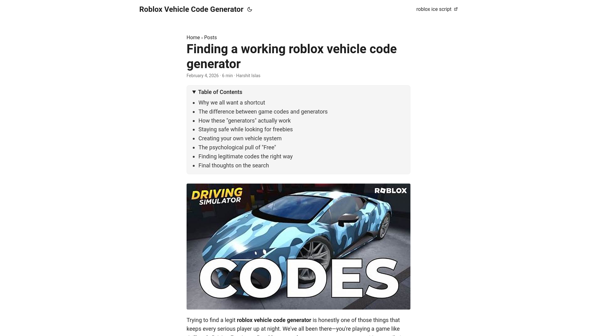 website screenshot of https://roblox-vehicle-code-generator.pages.dev/
