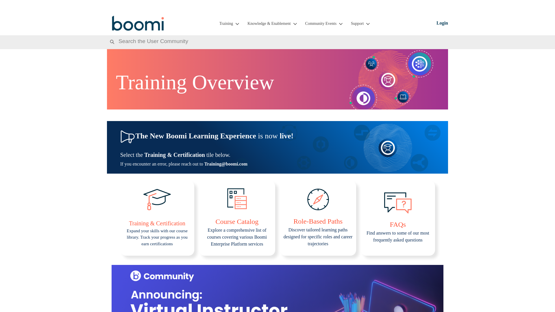 website screenshot of https://community.boomi.com/s/training