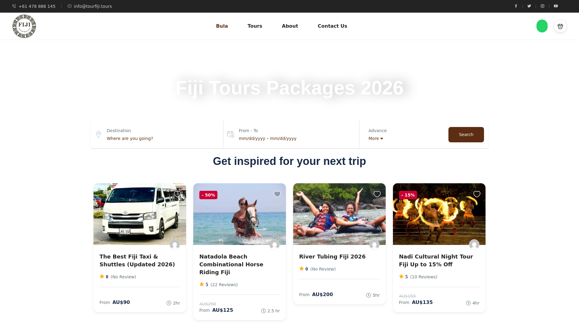 website screenshot of https://fijitourstransfers.com/