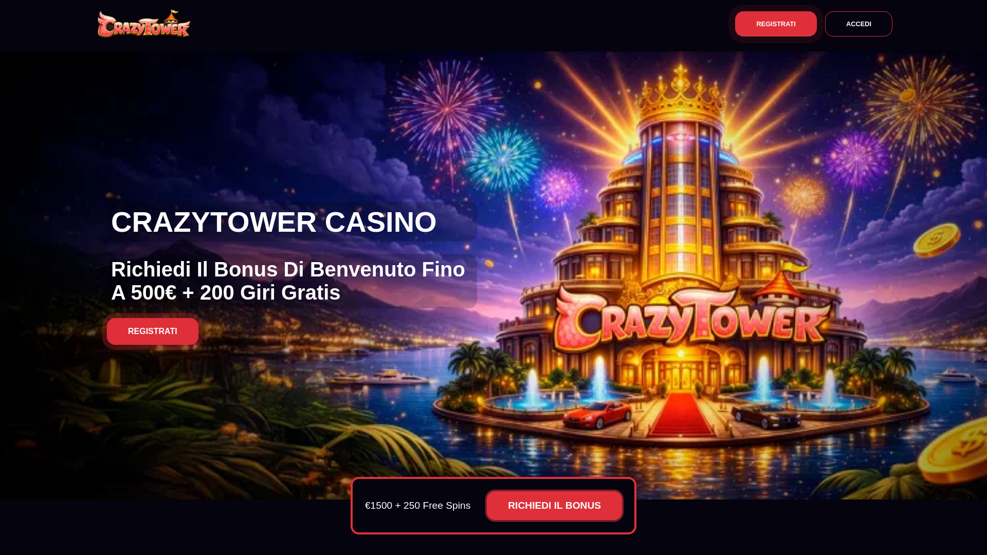 website screenshot of https://crazytowercasino.it/
