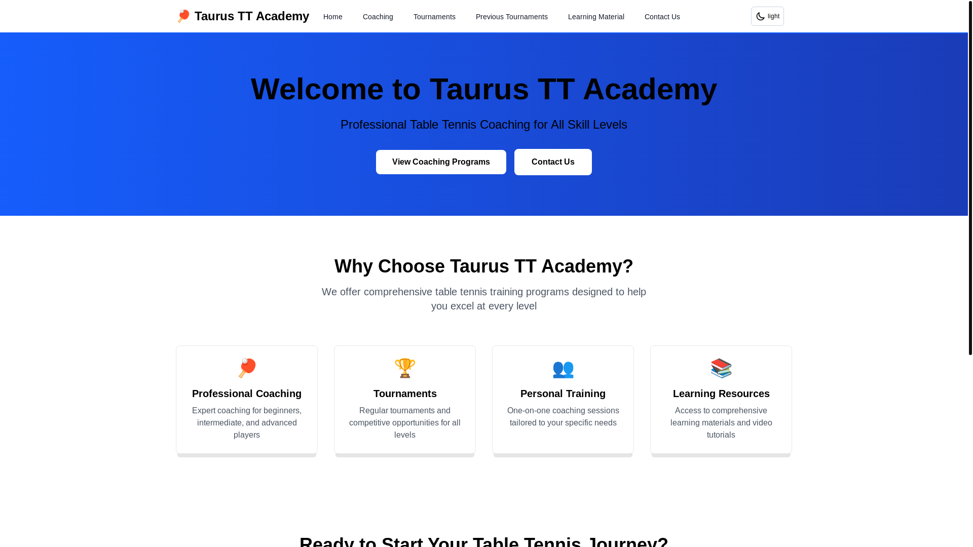 website screenshot of https://taurustabletennis.com/