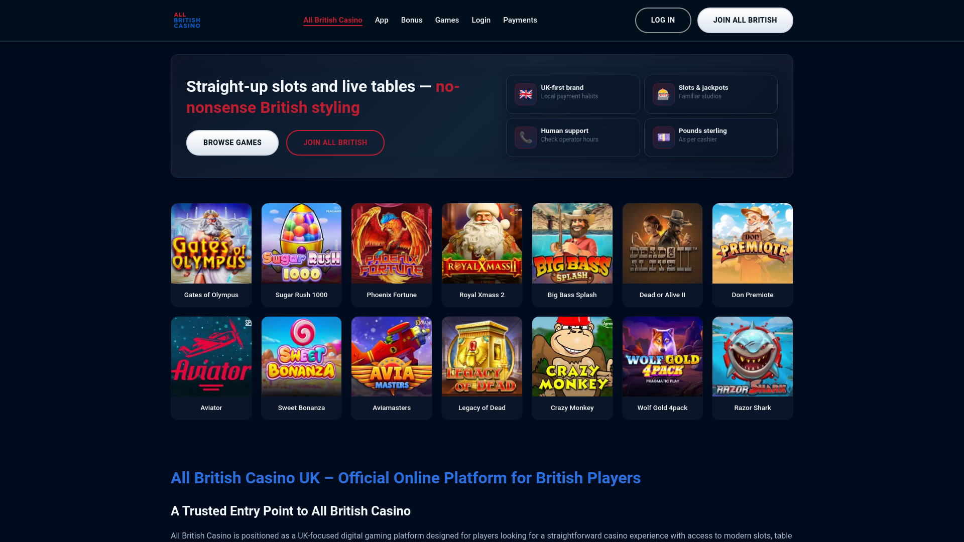 website screenshot of https://all-british-casinos.com
