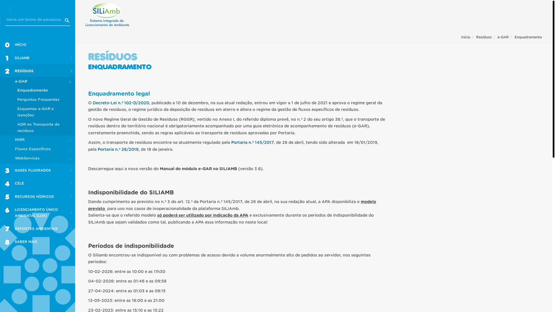 website screenshot of https://apoiosiliamb.apambiente.pt/content/enquadramento-eGar?language=pt-pt