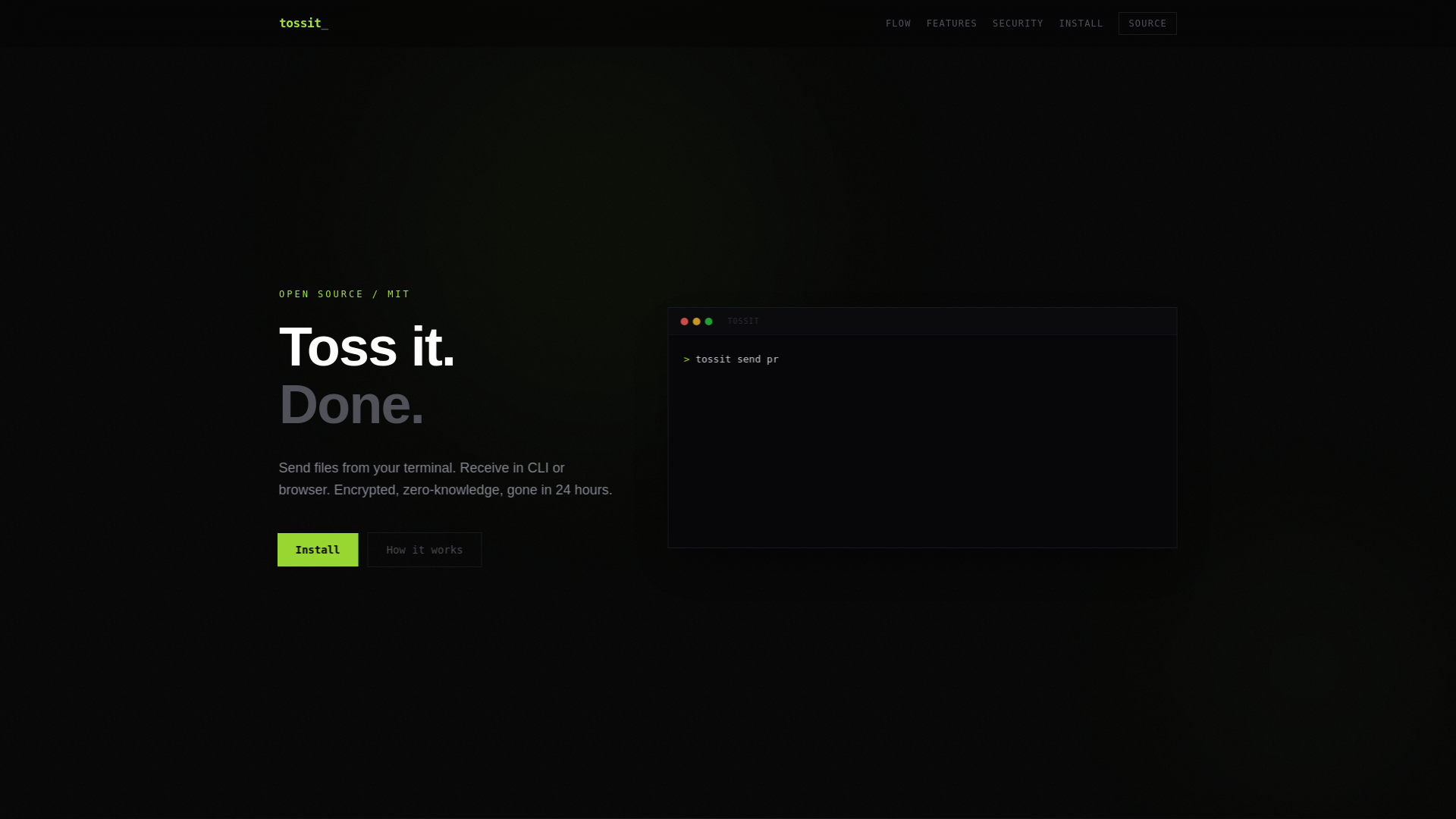 website screenshot of https://tossit.dev