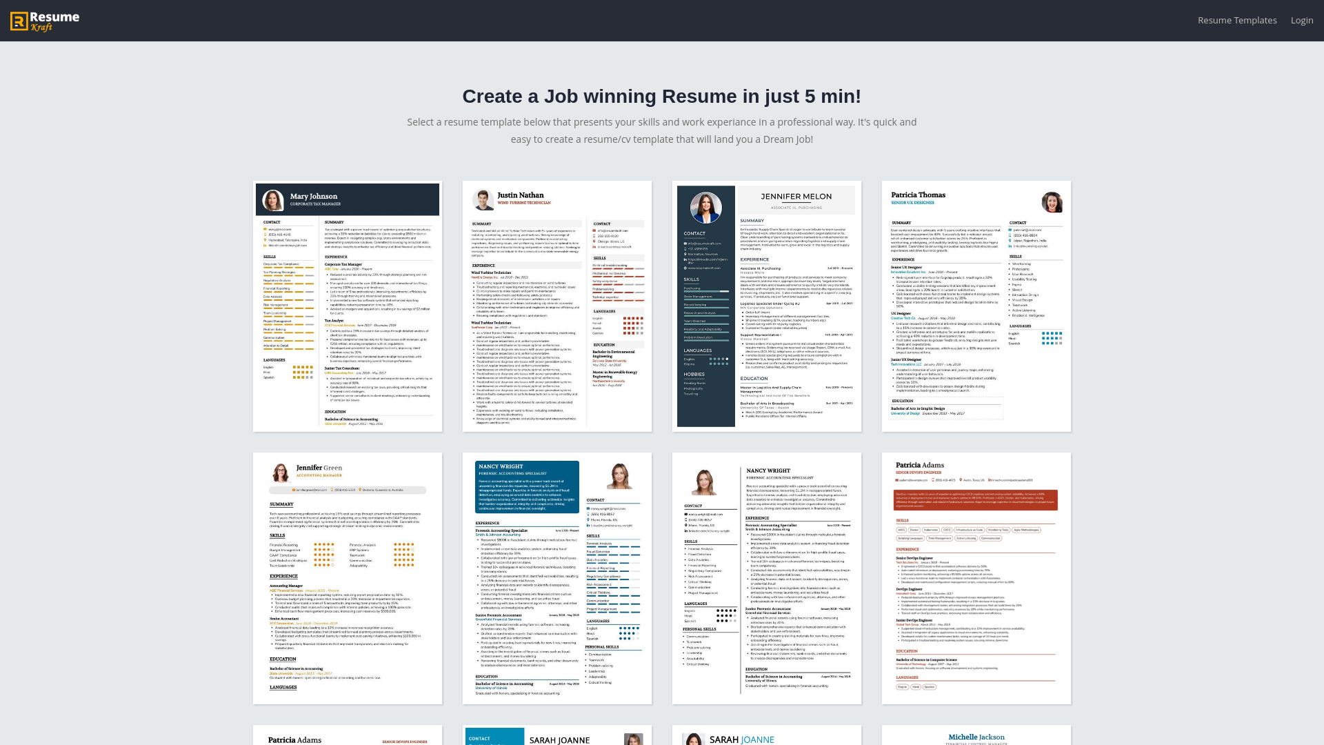 website screenshot of https://resumekraft.firebaseapp.com/
