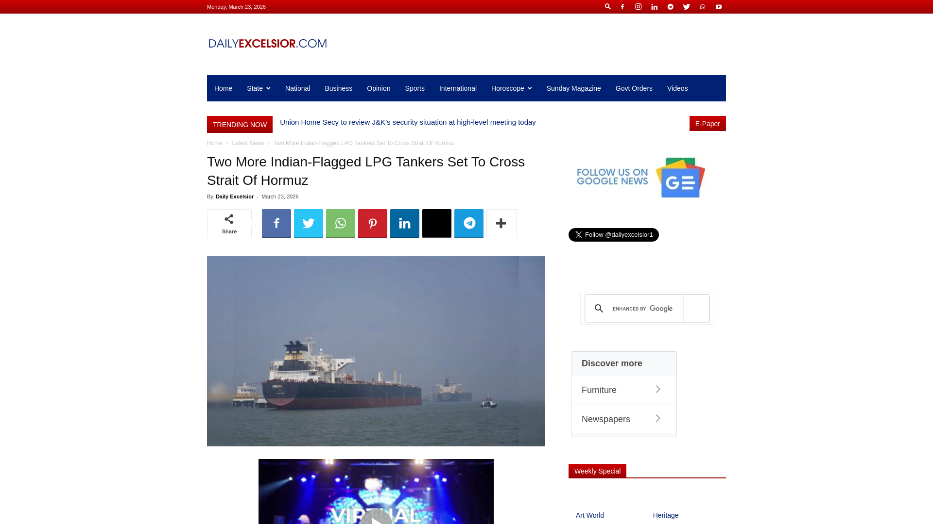website screenshot of https://www.dailyexcelsior.com/two-more-indian-flagged-lpg-tankers-set-to-cross-strait-of-hormuz/
