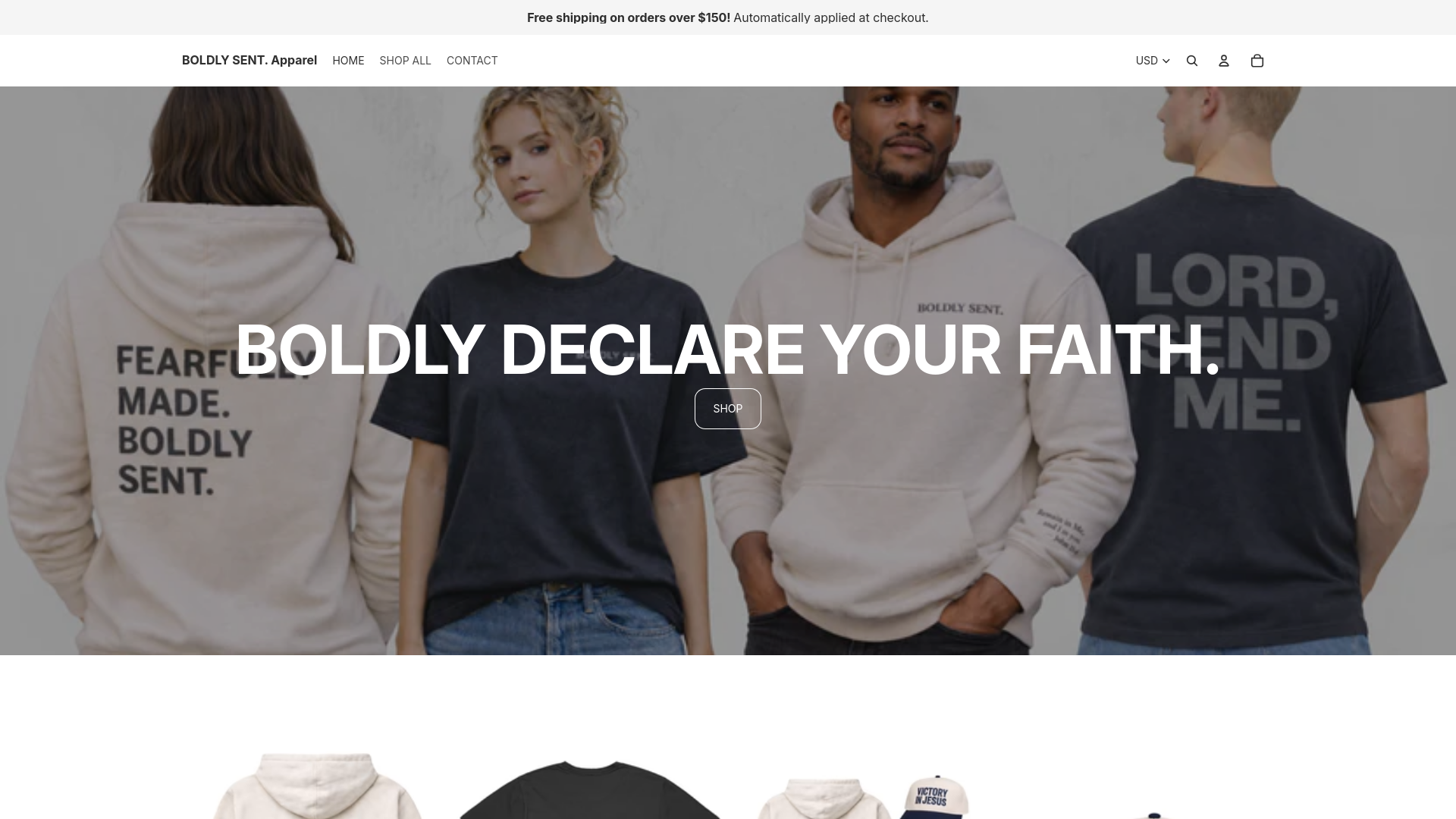 website screenshot of https://boldlysentapparel.com/