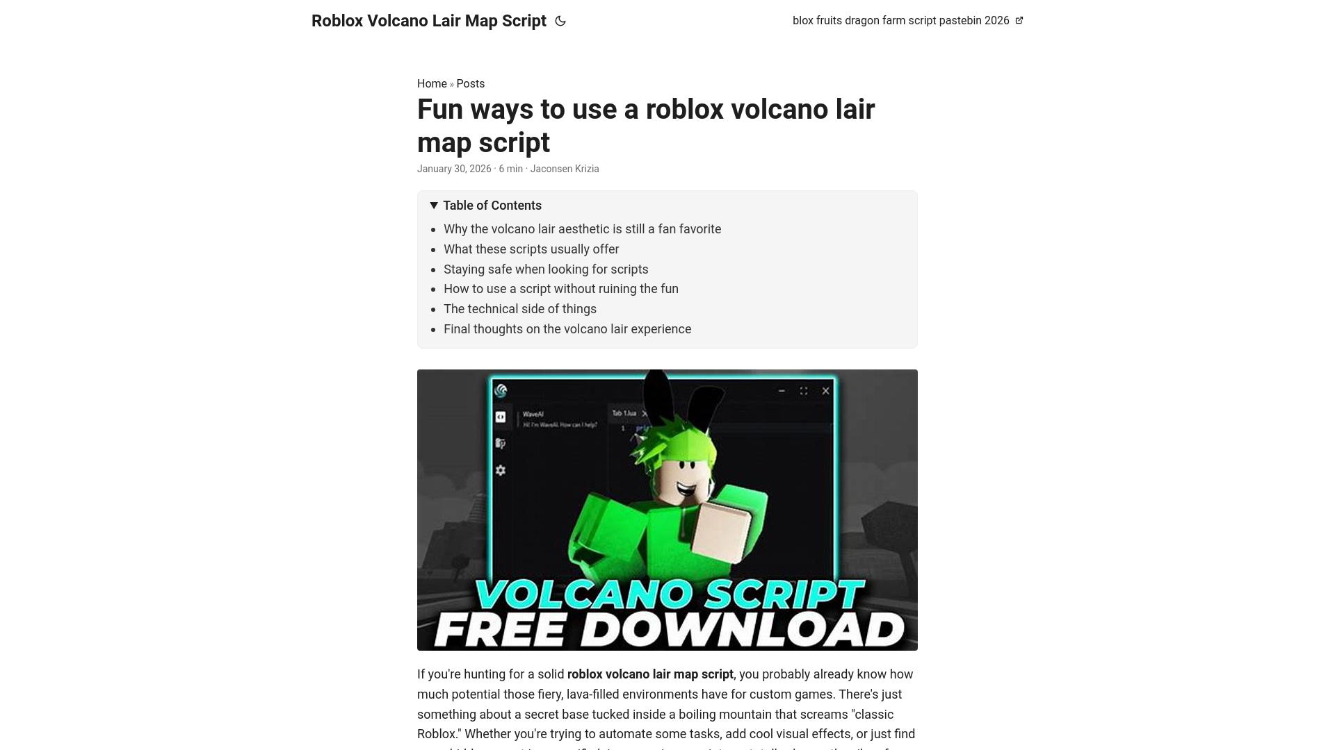 website screenshot of https://roblox-volcano-lair-map-script.pages.dev/