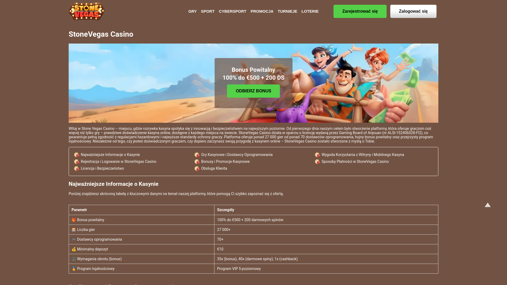 website screenshot of https://stonevegas-kasyno.pl