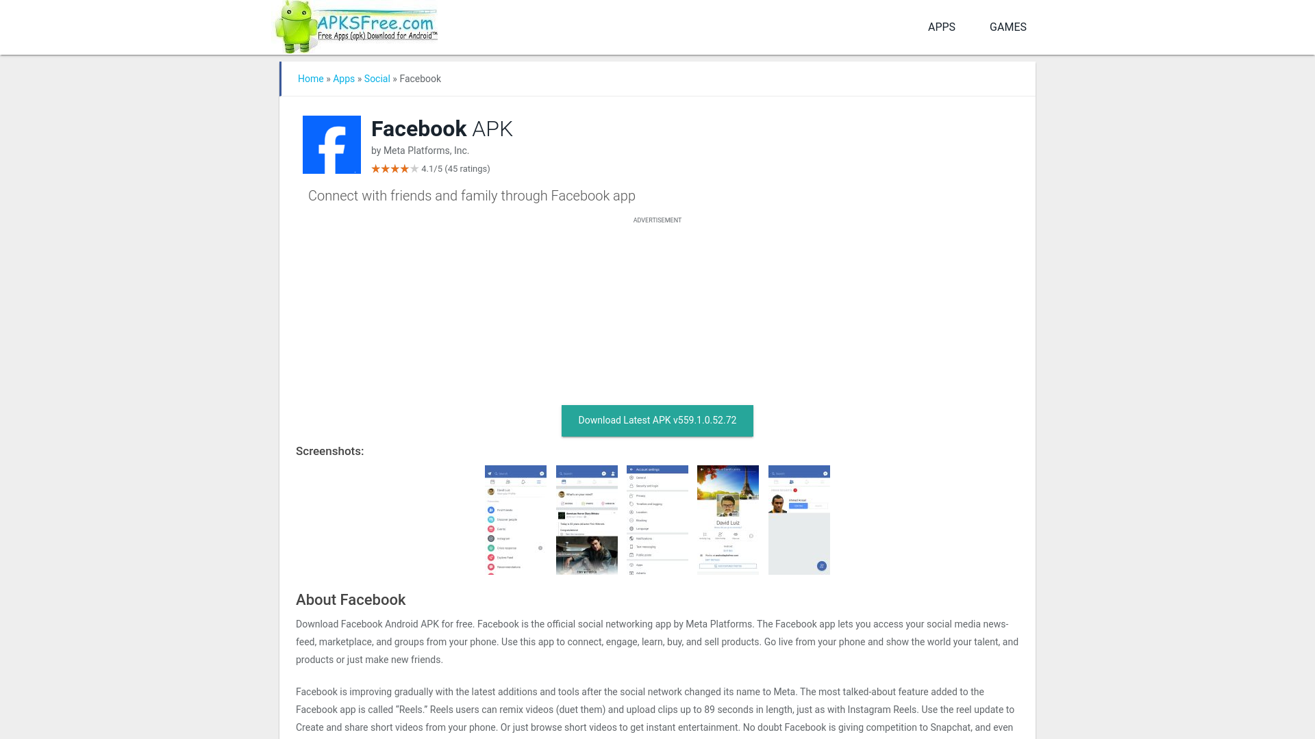 website screenshot of https://facebook.androidapks.com