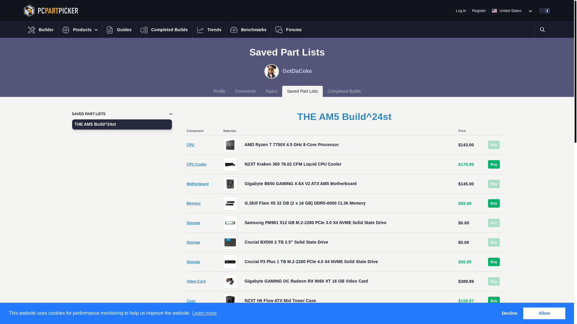 website screenshot of https://pcpartpicker.com/user/GotDaCoke/saved/#view=9drL4D