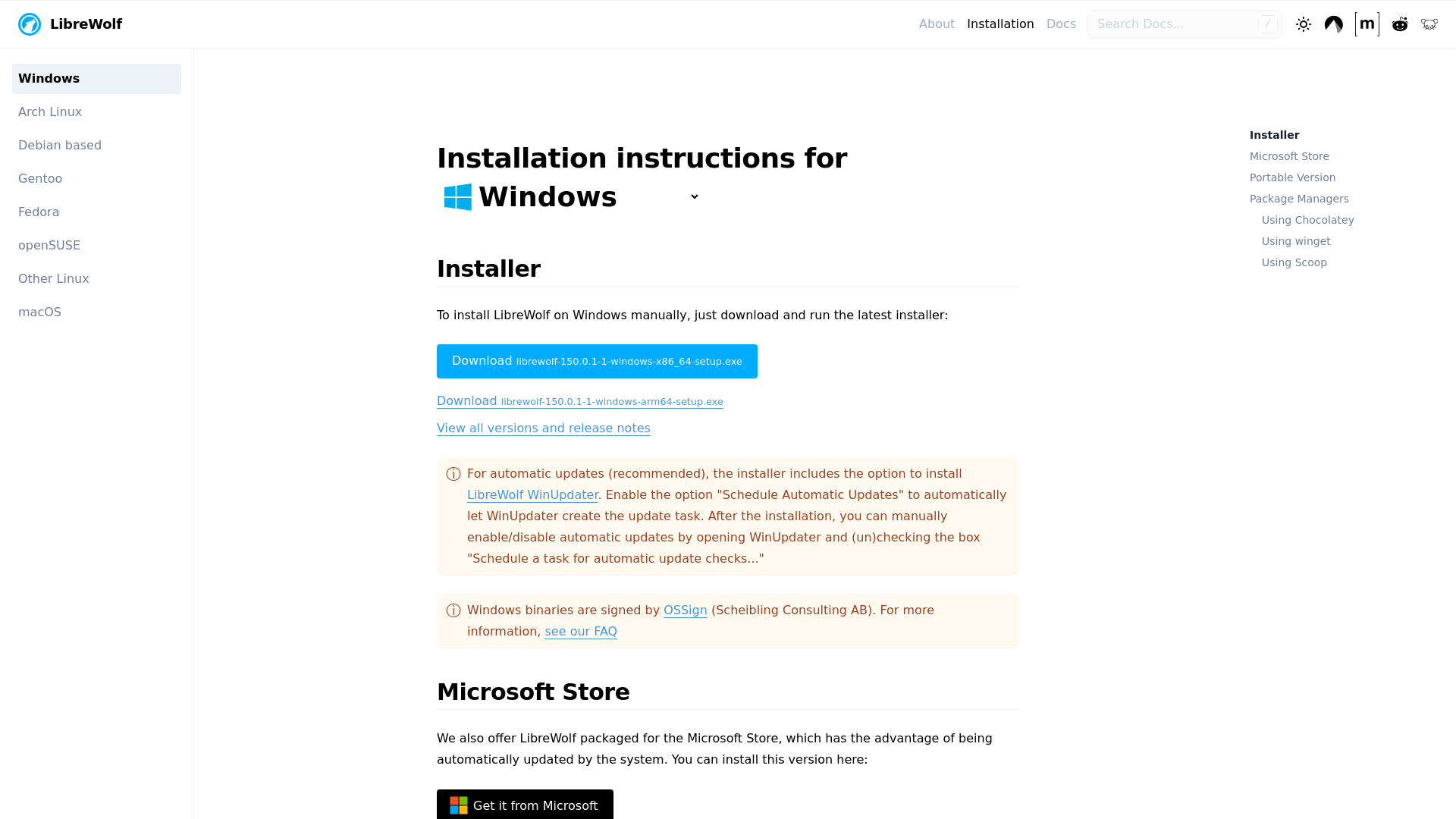 website screenshot of https://librewolf.net/installation/windows/