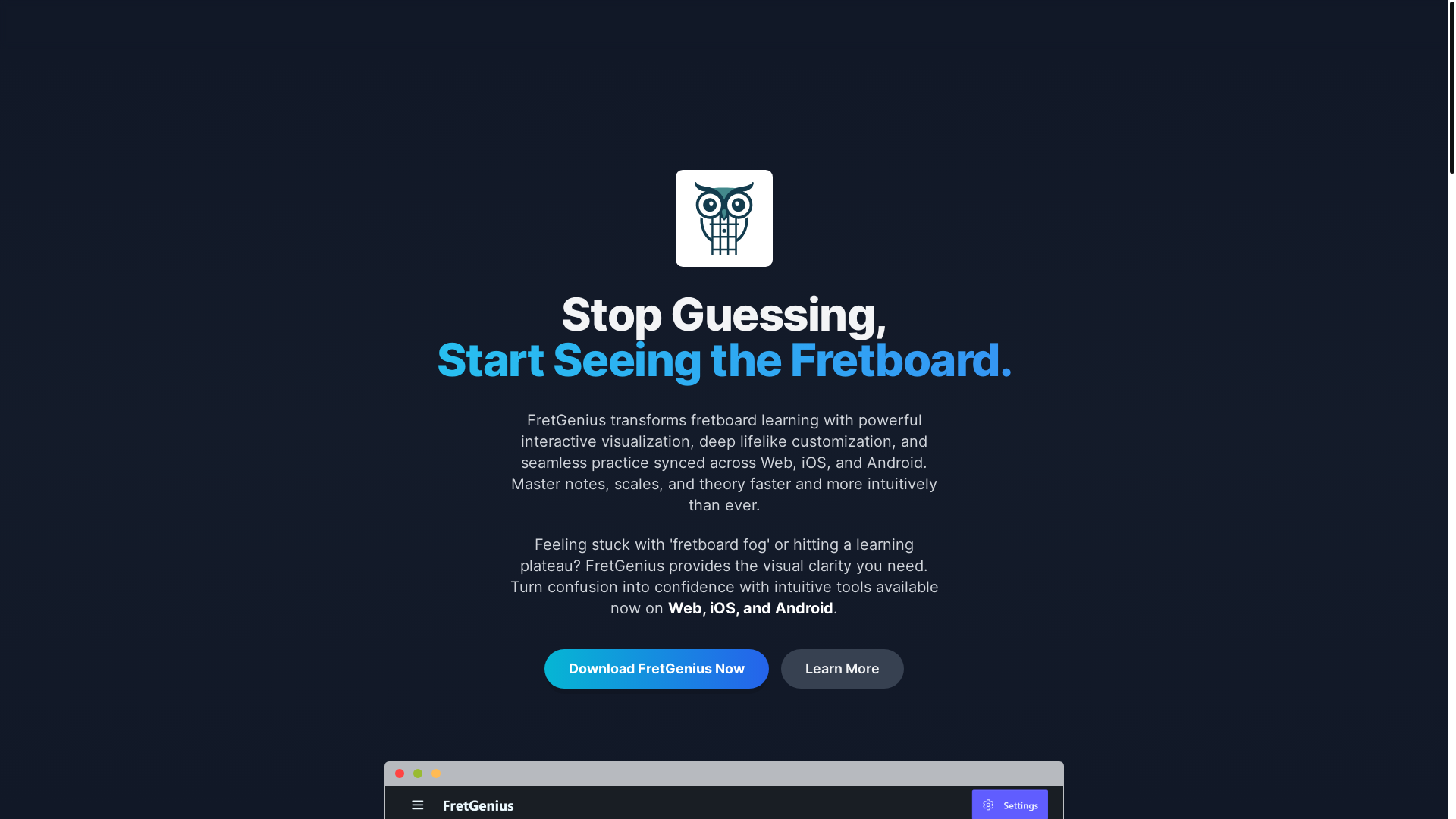 website screenshot of https://fretgenius-main-site.pages.dev/