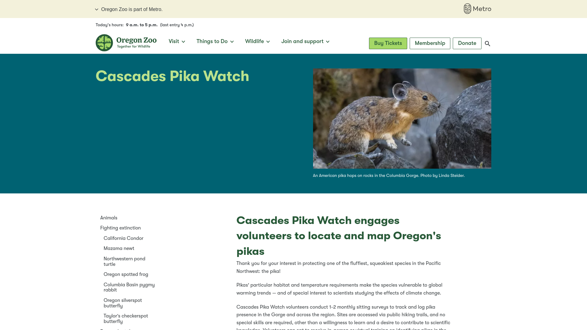 website screenshot of https://cascadespikawatch.org/
