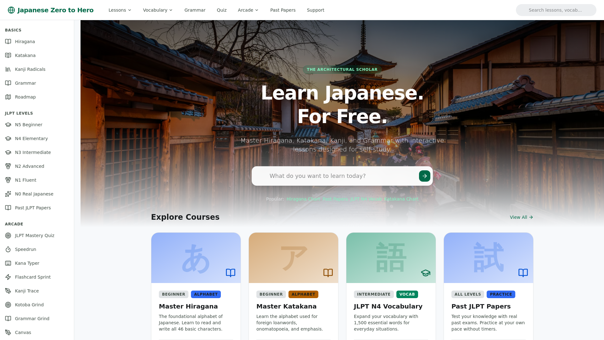 website screenshot of https://japanesezerotohero.com/