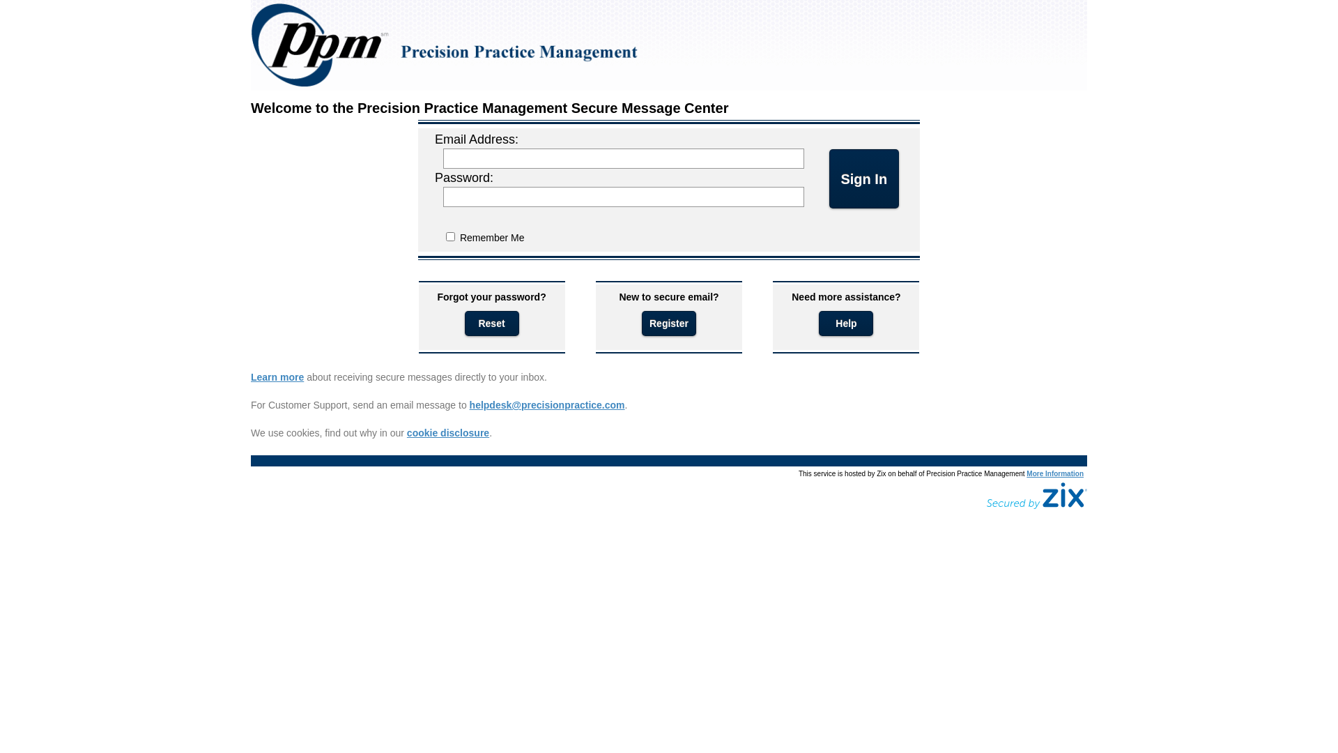 website screenshot of https://web1.zixmail.net/s/e?b=precisionpractice&