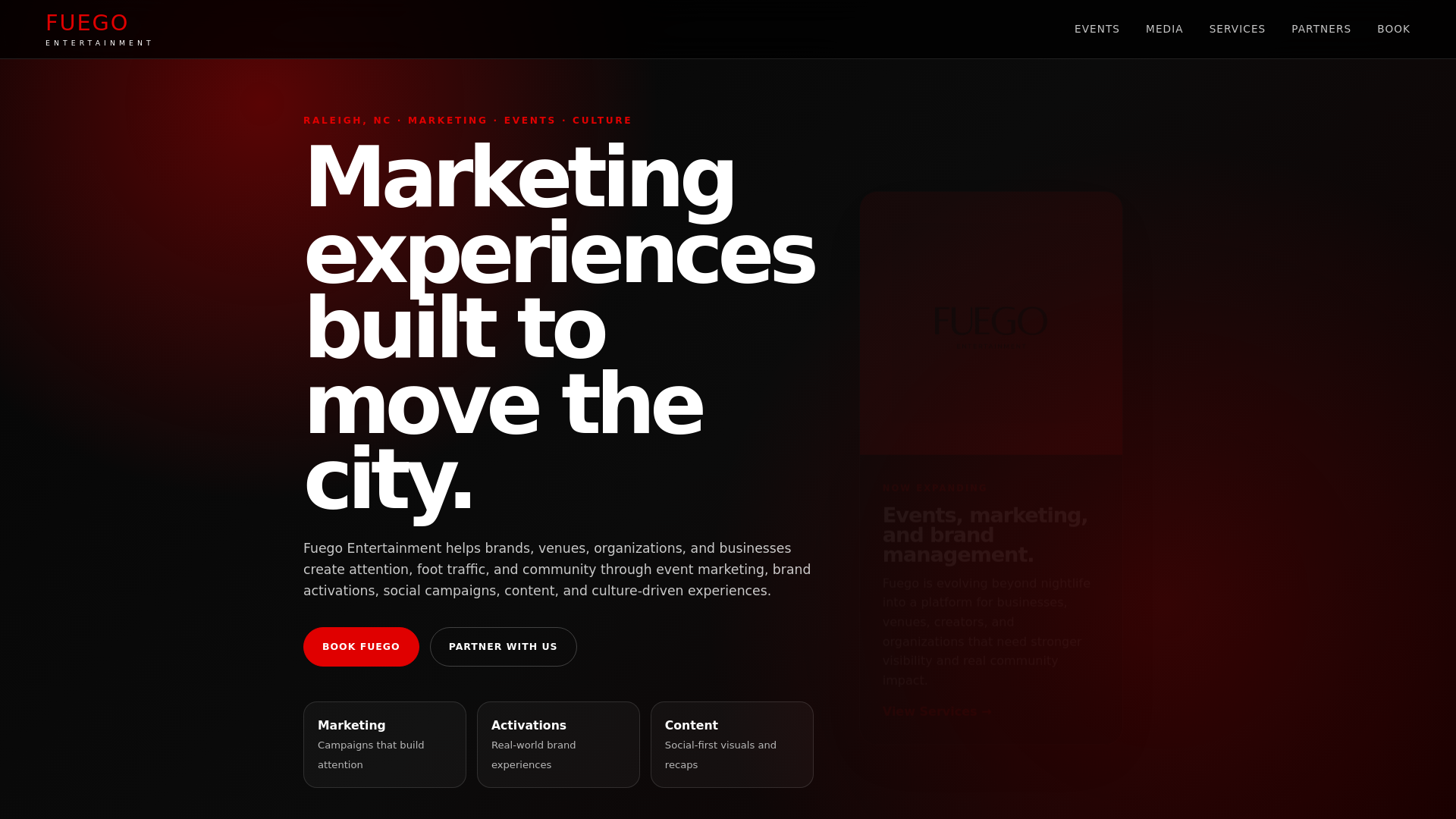 website screenshot of https://fuegoentertainmentnc.com/
