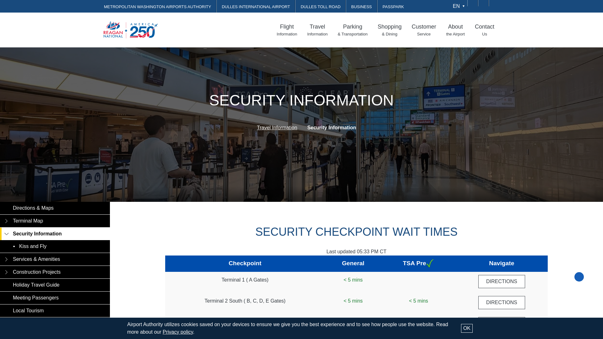 website screenshot of https://www.flyreagan.com/travel-information/security-information