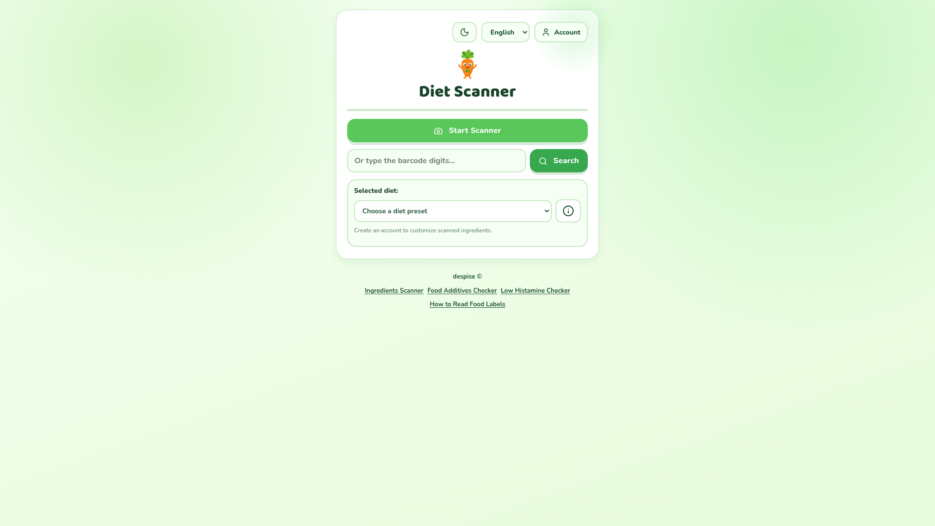 website screenshot of https://dietscanner.app