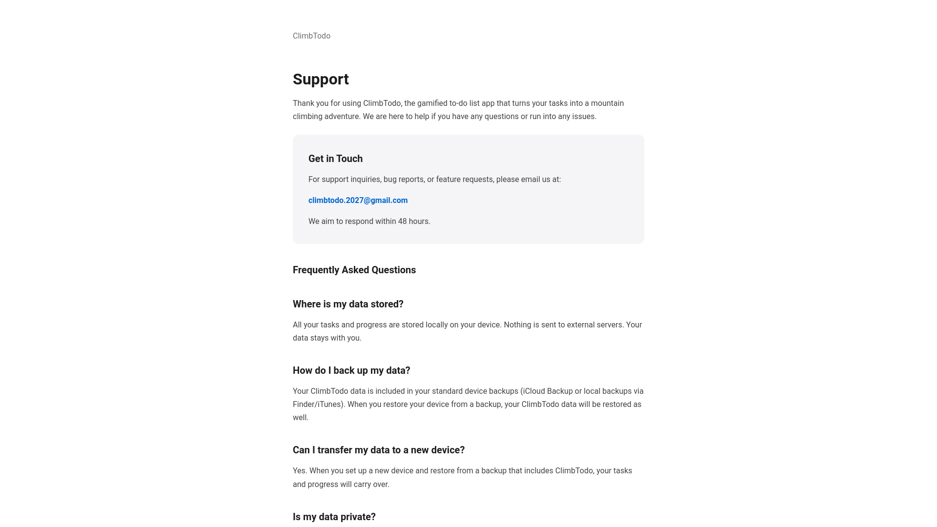 website screenshot of https://climbtodo-support.pages.dev/