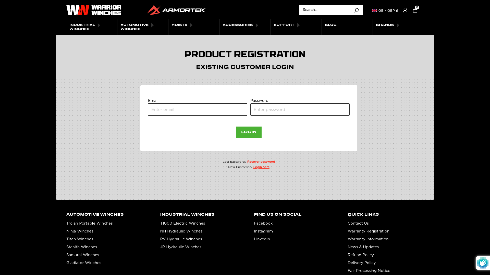 website screenshot of https://www.warriorwinches.co.uk/account/login