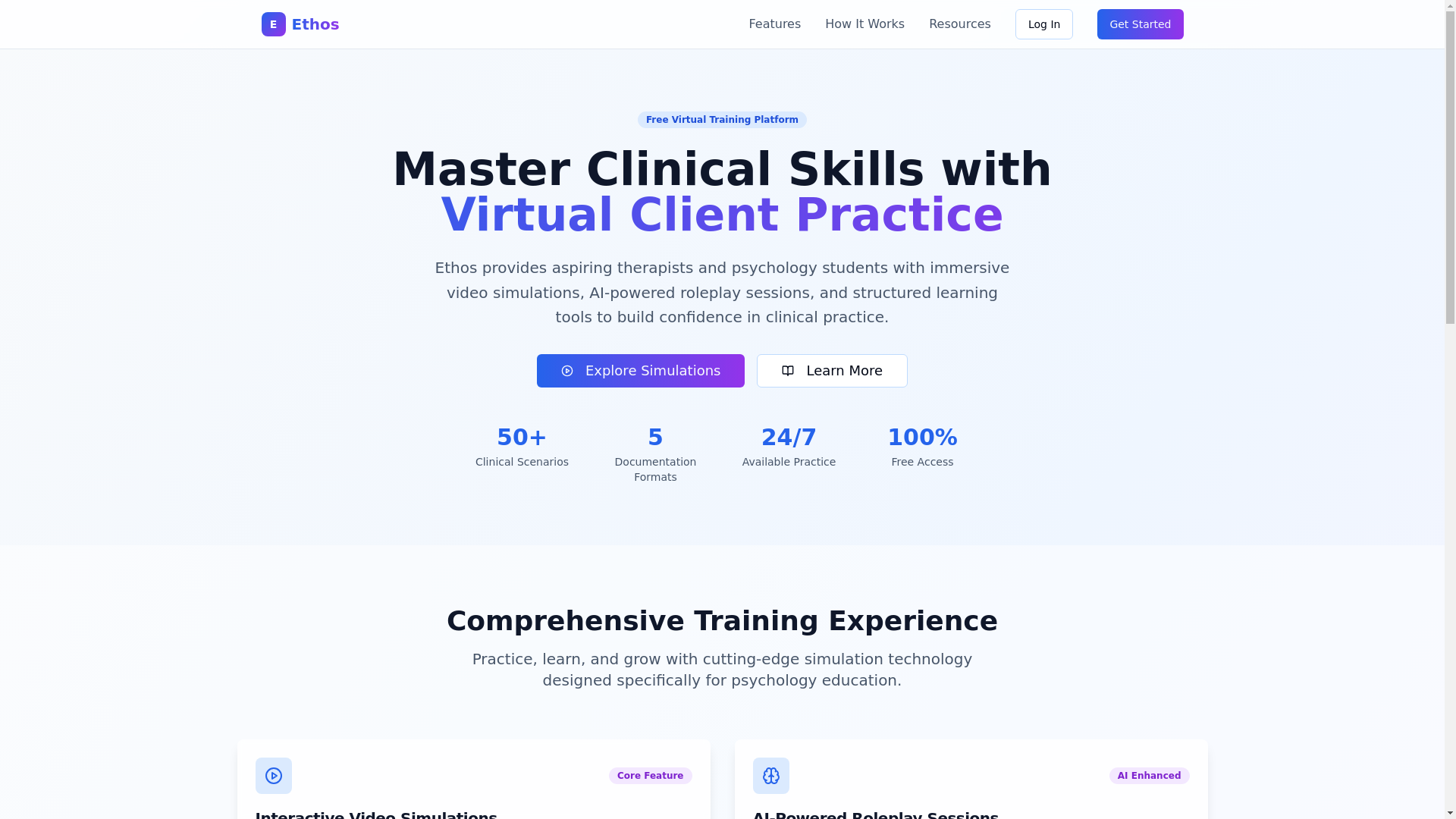 website screenshot of https://ethostherapy.app/