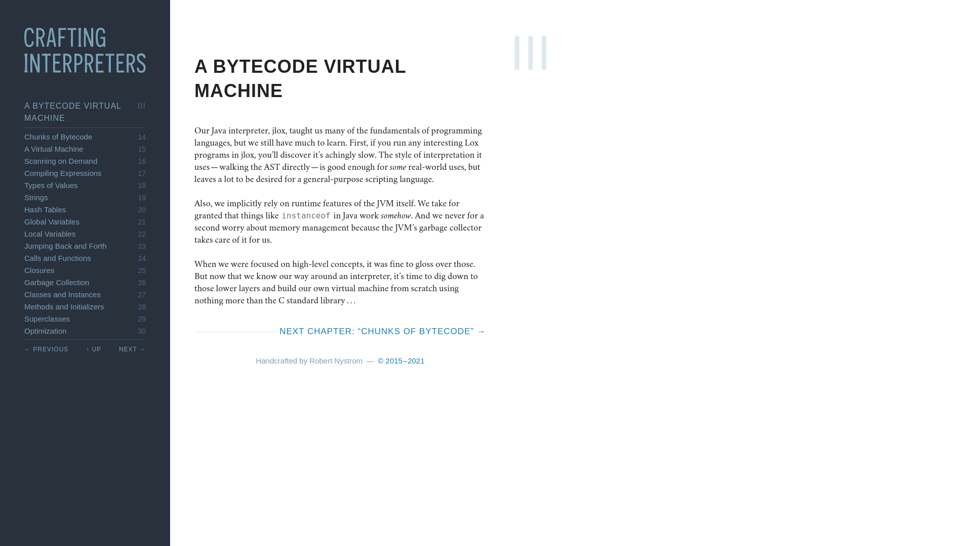 website screenshot of https://www.craftinginterpreters.com/a-bytecode-virtual-machine.html