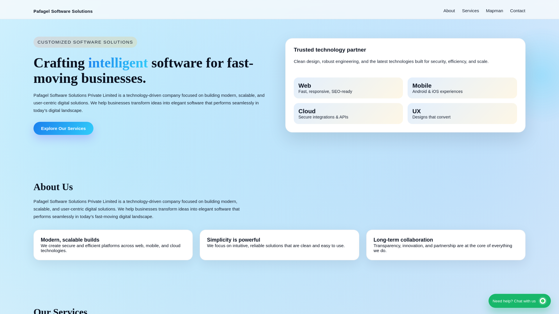 website screenshot of https://pafagelsoftwaresolutionspvtltd.in/
