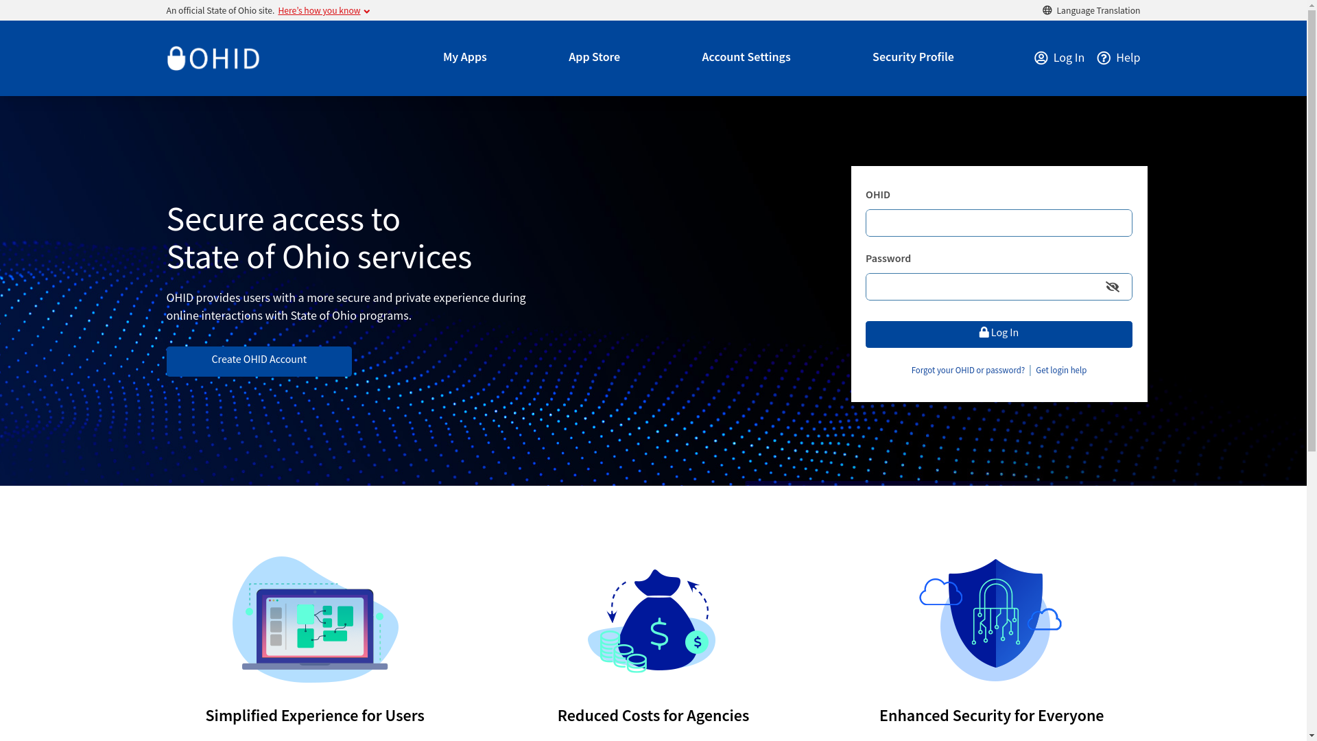 website screenshot of https://ohid.ohio.gov/