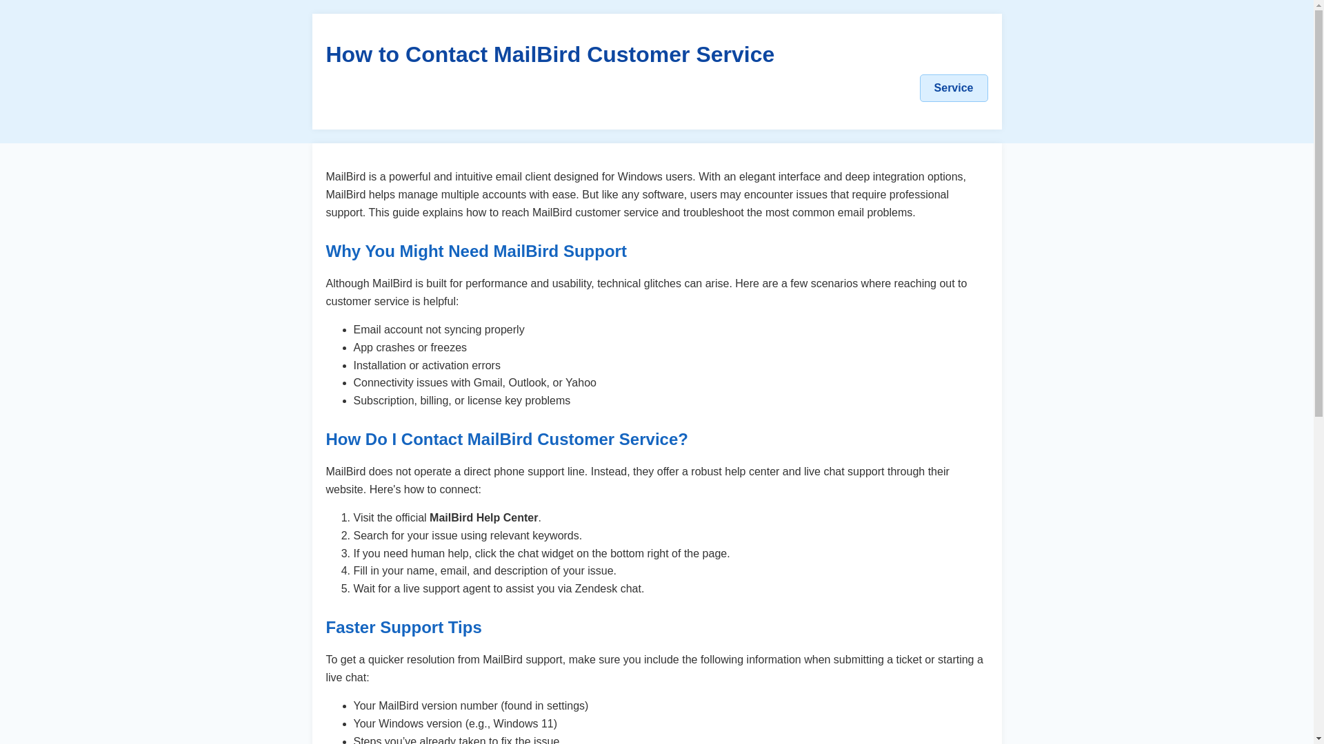 website screenshot of https://mailbird-customer-service-2wq.pages.dev/