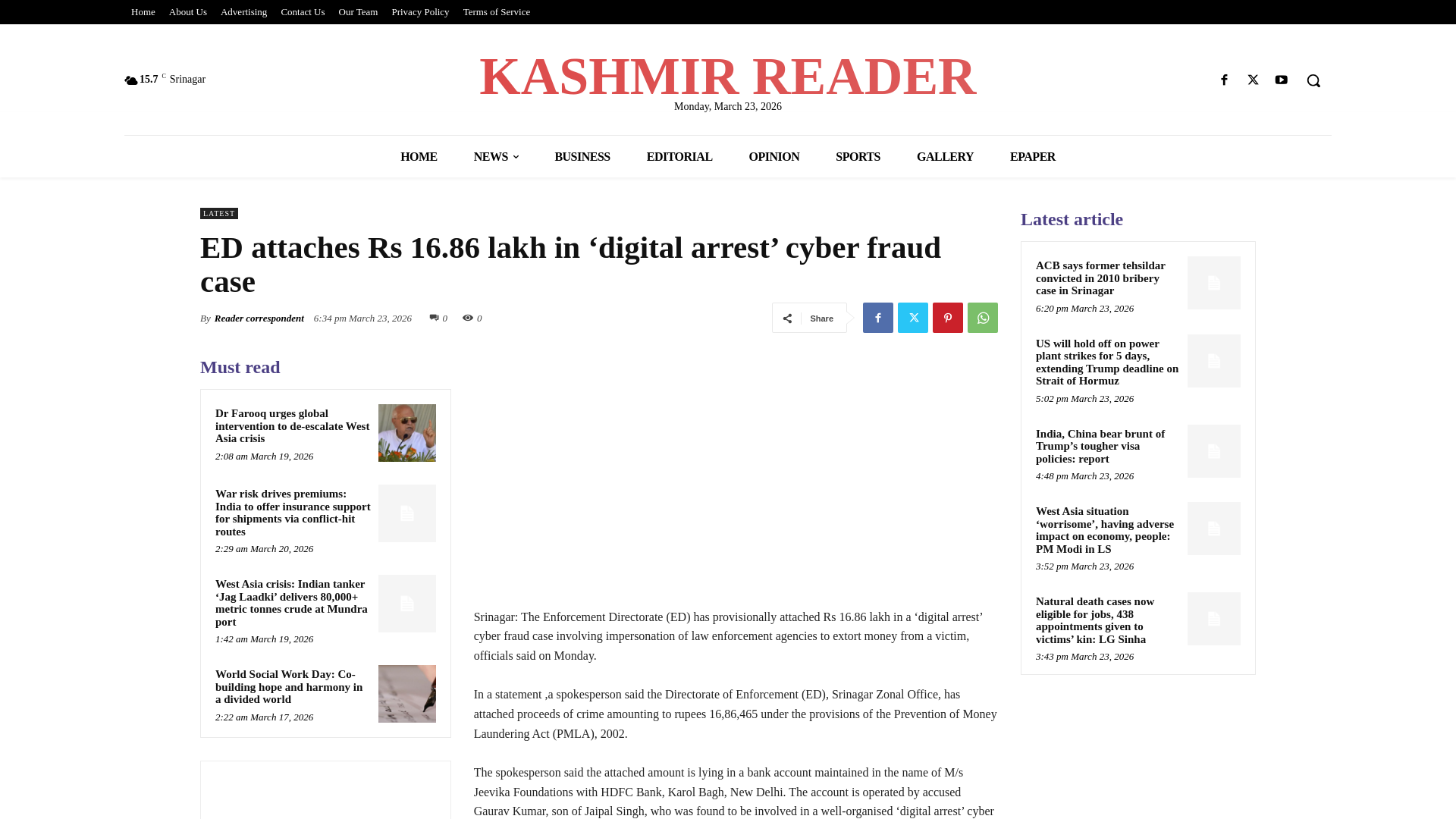 website screenshot of https://kashmirreader.com/2026/03/23/ed-attaches-rs-16-86-lakh-in-digital-arrest-cyber-fraud-case/
