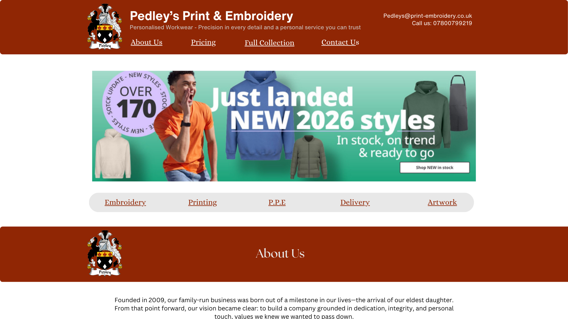 website screenshot of https://pedleysprintandembroidery.co.uk/